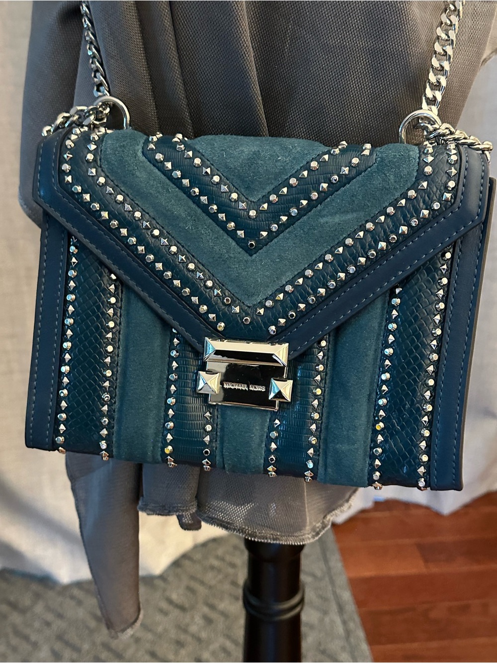 Michael Kors Teal Suede & Leather Studded Crossbody